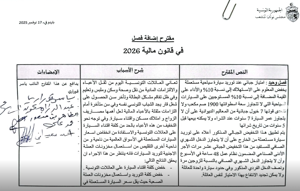 — مقترح جديد في قانون المالية سيمكن التونسيين من توريد سيارة مستعملة: التفاصيل